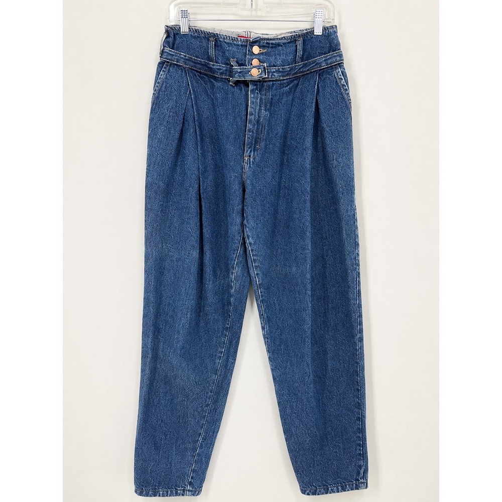 Vintage High Rise Pleated Belted Jeans USA Made Blue Cotton Denim Sz 13 Waist 30